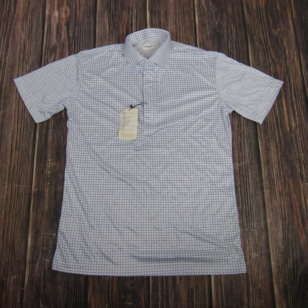 Collars & Co Polo Shirt Mens Medium Blue Check Dress Collar Performance Golf Top